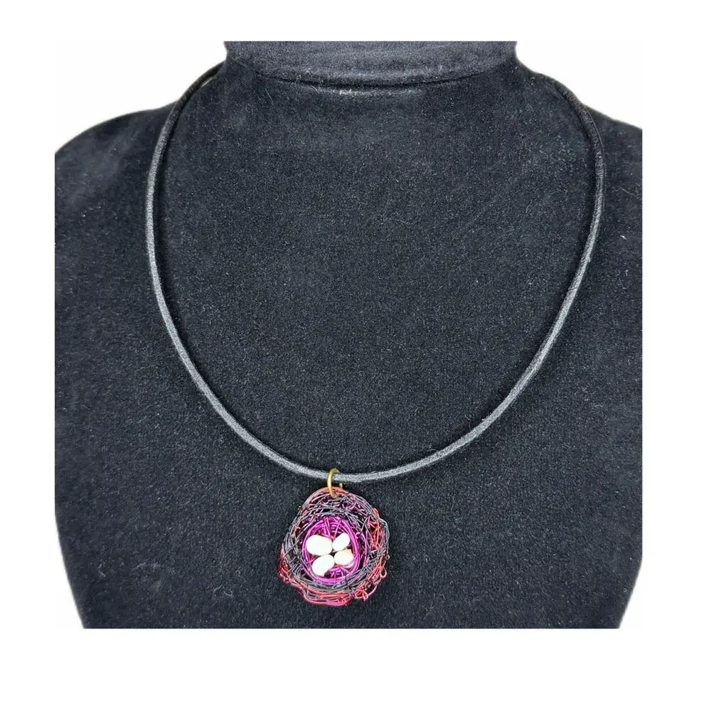 Birds nest necklace wire wrap handmade leather cord